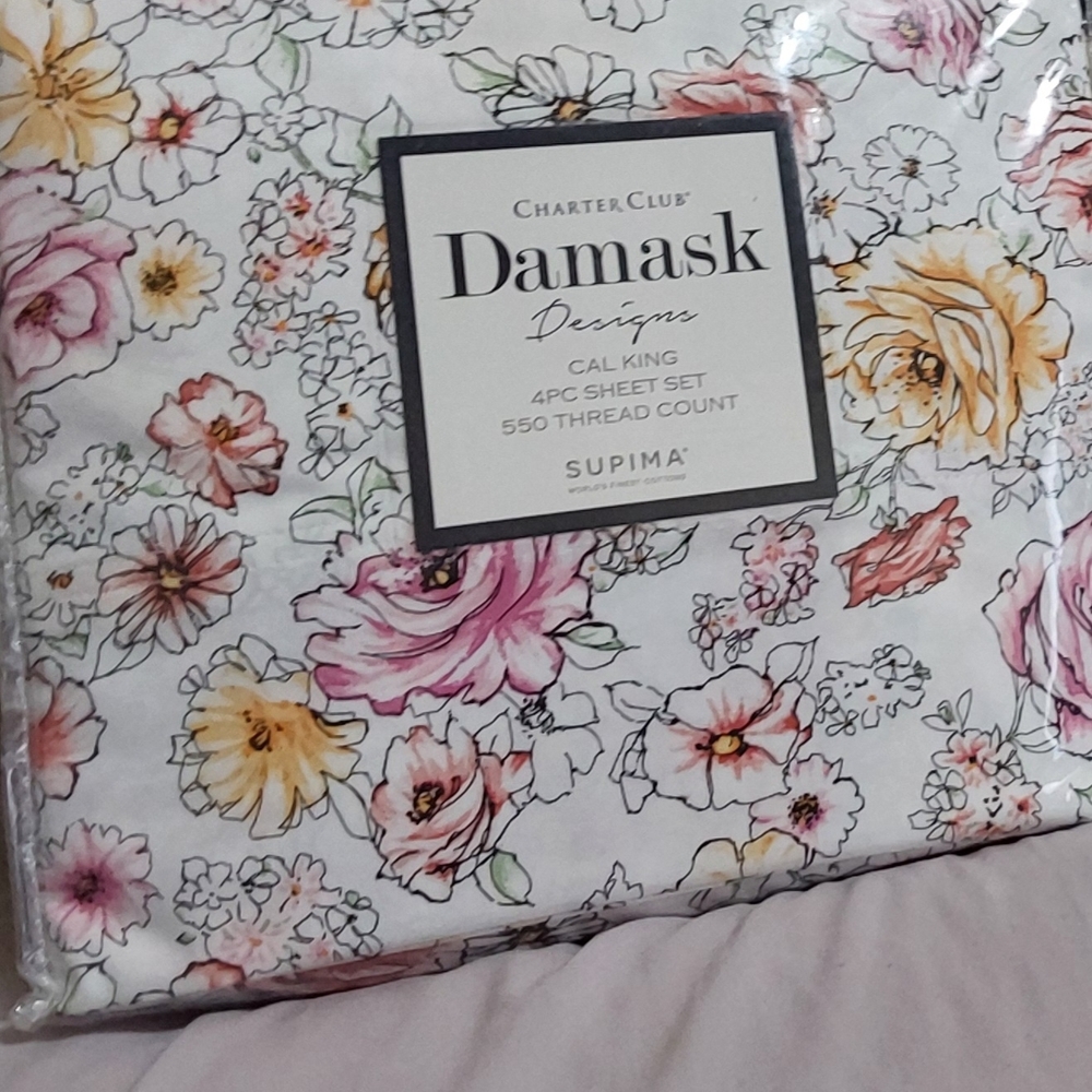 Charter Club Damask Floral Cal King Sheet Set - White with Pink & Yellow Flowers